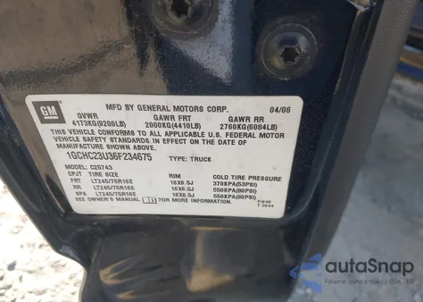 2006 Chevrolet Silverado 2500Hd Ls z USA, uszkodzony, nr VIN 1GCHC23U36F234675